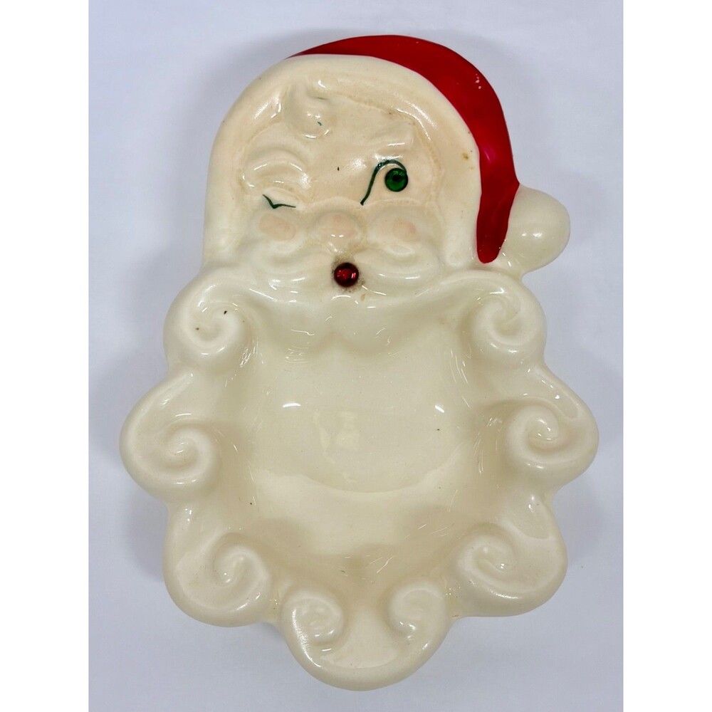 Vtg Ceramic Winking Santa Face Jewel Gem Eye Trinket Dish Ashtray Christmas
